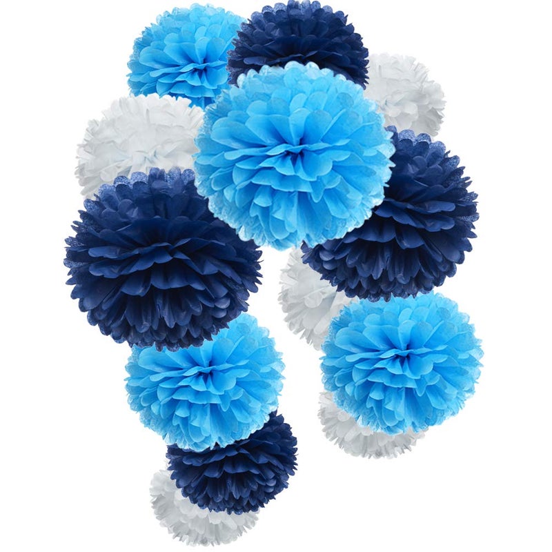 MOWO Paper Flower Tissue Pom Poms Party Supplies (Navy Blue,Turqoise Blue,White,12pc) - Image 1
